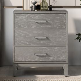 Modern Concise Style Gray Wood Grain Three-Drawer Nightstand with Tapered Legs and Smooth Gliding Drawers