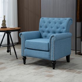 Mid-Century Modern Accent Chair; Linen Armchair w/Tufted Back/Wood Legs; Upholstered Lounge Arm Chair Single Sofa for Living Room Bedroom; Light Blue