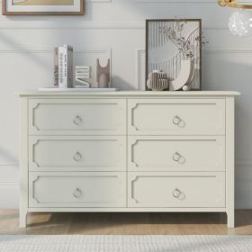 Milky White Rubber Wooden Dresser Six Large Drawers Silver Metal Handles for Living Room Guest Room Bedroom