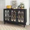 TREXM Sideboard with Glass Doors, 3 Door Mirrored Buffet Cabinet with Silver Handle for Living Room, Hallway, Dining Room (Black)