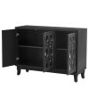 TREXM Sideboard with Glass Doors, 3 Door Mirrored Buffet Cabinet with Silver Handle for Living Room, Hallway, Dining Room (Black)